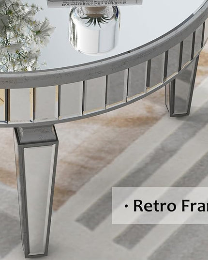 Mirrored Coffee Table - Round Glass Coffee Table with Highly Reflective Mirror - Retro Style - Easy Assembly - Traditional Silver Frame - 31.5 Inch Diameter - Ideal for Living Room - LeafyLoom