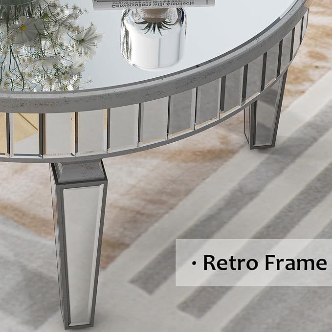 Mirrored Coffee Table - Round Glass Coffee Table with Highly Reflective Mirror - Retro Style - Easy Assembly - Traditional Silver Frame - 31.5 Inch Diameter - Ideal for Living Room - LeafyLoom