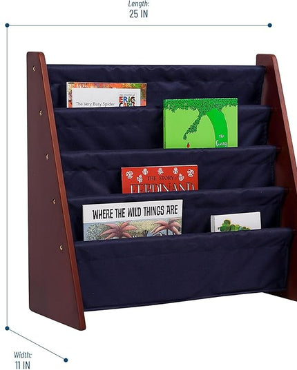 Wildkin Kids Canvas Sling Bookshelf for Boys and Girls, Wooden Design Features Four Fabric Shelves, Keep Bedrooms, Playrooms, and Classrooms Organized, Measures 25 x 24 x 11 Inches (Cherry w/ Blue) - LeafyLoom