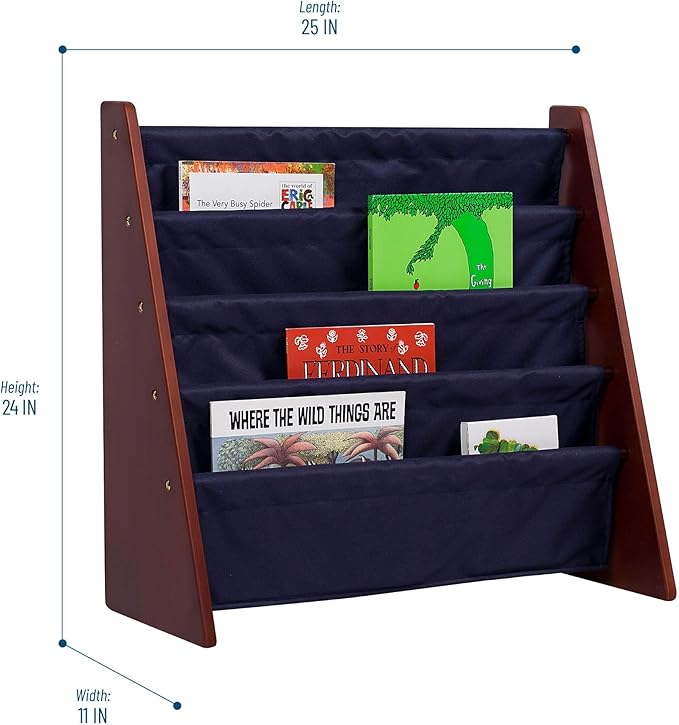 Wildkin Kids Canvas Sling Bookshelf for Boys and Girls, Wooden Design Features Four Fabric Shelves, Keep Bedrooms, Playrooms, and Classrooms Organized, Measures 25 x 24 x 11 Inches (Cherry w/ Blue) - LeafyLoom