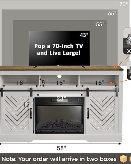 Fireplace TV Stand for 65+ Inch TV, Farmhouse Entertainment Center with 23" Electric Fireplace with Remote, Modern Rustic TV Console with Sliding Bar Door for Living Room,Antique White - LeafyLoom