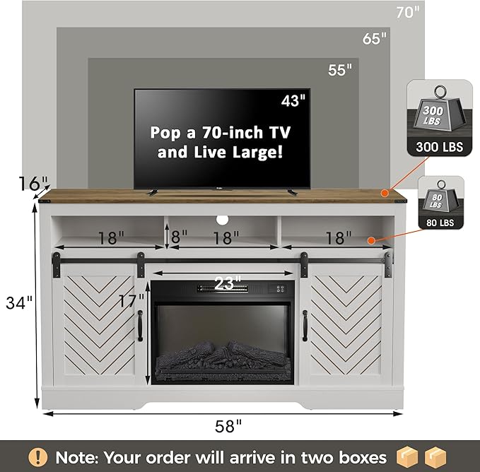 Fireplace TV Stand for 65+ Inch TV, Farmhouse Entertainment Center with 23" Electric Fireplace with Remote, Modern Rustic TV Console with Sliding Bar Door for Living Room,Antique White - LeafyLoom