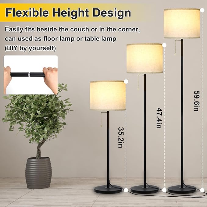 Modern Floor Lamp for Living Room Traditional Farmhouse Floor Lamps Mid-Century Pole Lamp with Linen Lamp Shade, Standing Tall Floor Lamps for Bedrooms and Office (Black-01) - LeafyLoom