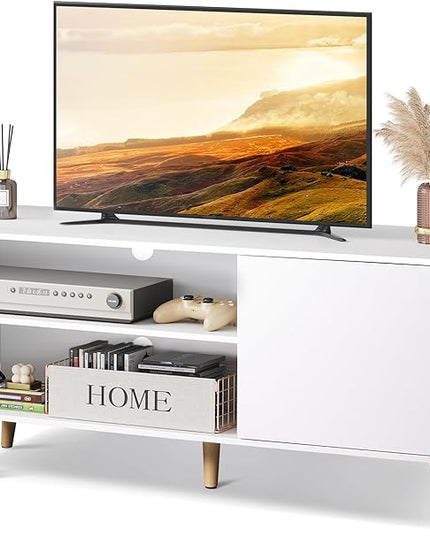 WLIVE Mid-Century Modern TV Stand for 55" TV, Entertainment Center with Storage, Open Shelves TV Console for Living Room and Bedroom, White - LeafyLoom