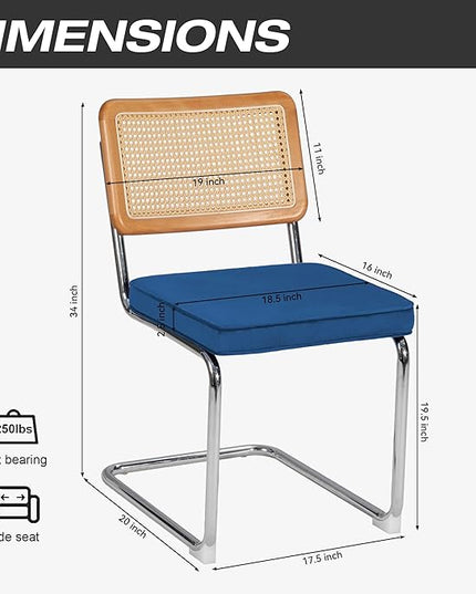Dining Chair Set of 2, Mid-Century Modern Rattan Dining Chairs with Metal Chrome Legs, Natural Cane Backrest Upholstered for Home Kitchen，Dining Room and Patio, Deep Blue - LeafyLoom