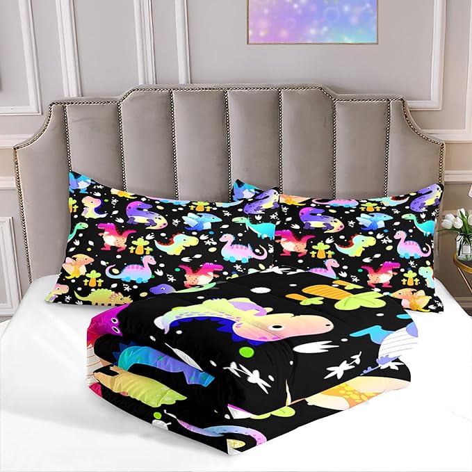 Cartoon Dinosaur Comforter Set for Boys Colorful Gradient Dinos Bedding Sets Queen Size Cute Dinosaurs Prints Comforter Set Soft Microfiber 3Pcs Bed Sets with 2 Pillowcases - LeafyLoom