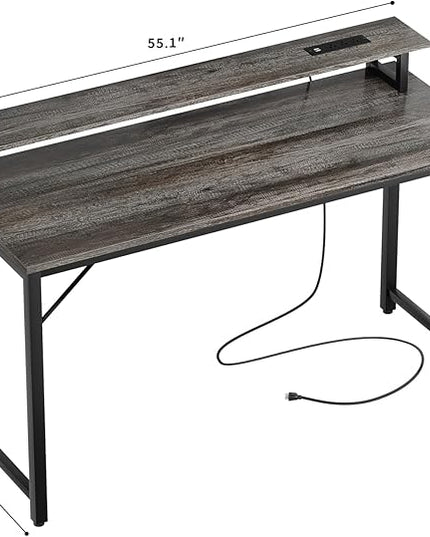 55 inch Computer Desk with Power Outlets, Office Desk Gaming desk with LED Lights, Home Office Desk with Monitor Shelf, Modern Work Desk Study Writing Table for Bedroom, Black Oak - LeafyLoom