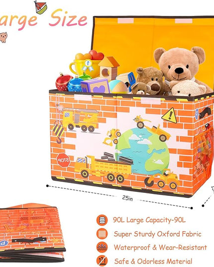Large Toy Box Chest, Collapsible Sturdy Toy Storage Organizer for Kids, Boys, Girls, 25"x13"x16" Toy Chest Storage Bins with Lids Toy Bins Baskets Boxes for Living Room, Playroom, Nursery, Orange - LeafyLoom