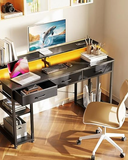 AODK 55 inch Computer Desk with 3 Drawers, Gaming Desk with LED Lights & Power Outlets, Home Office Desk with Storage Shelves & Monitor Stand, Modern Work Study Writing Table for Small Spaces, Black - LeafyLoom