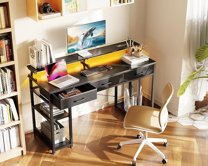 AODK 55 inch Computer Desk with 3 Drawers, Gaming Desk with LED Lights & Power Outlets, Home Office Desk with Storage Shelves & Monitor Stand, Modern Work Study Writing Table for Small Spaces, Black - LeafyLoom