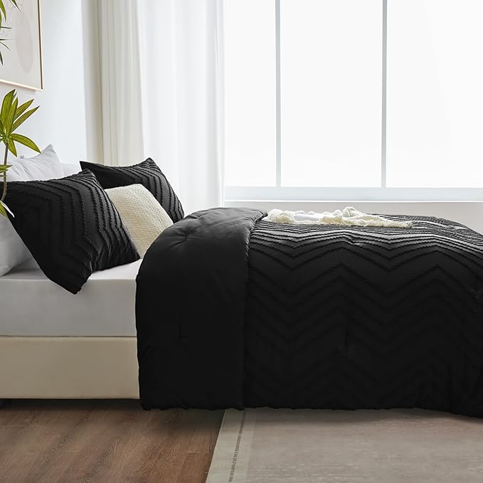 CozyLux Twin/Twin XL Size Comforter Set Black - 2 Pieces Black Boho Tufted Shabby Chic Bedding Comforter Set for All Seasons, Chevron Bedding Sets with Comforter & 1 Pillow Shams - LeafyLoom