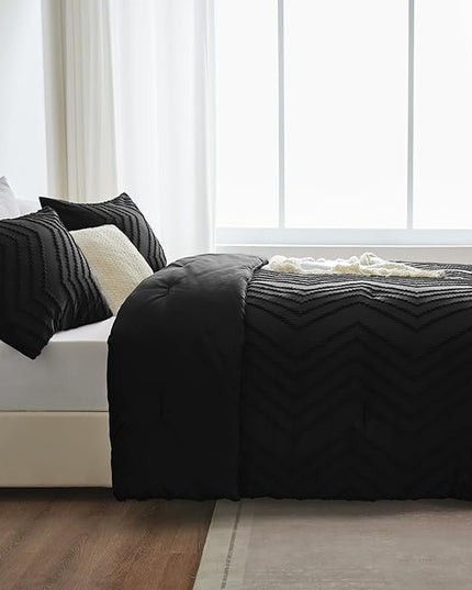 CozyLux King Size Comforter Set Black - 3 Pieces Black Boho Tufted Shabby Chic Bedding Comforter Set for All Seasons, Chevron Bedding Sets with Comforter & 2 Pillow Shams - LeafyLoom