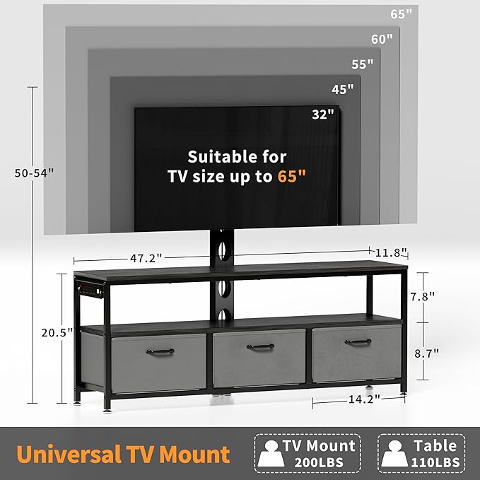 JUSTOGO TV Stand with Mount and Power Outlet, TV Stand Mount with Storage for Living Room, Entertainment Center with LED Lights for 45/55/60/65 inch TVs, Height Adjustable Media Console, Black - LeafyLoom