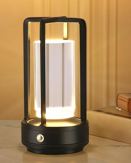 Portable Metal Table Lamp,Cordless Table Lamp, Rechargeable Battery Powered Portable LED Desk Lamp, 3 Color Stepless Dimming Touch, for Bedroom Restaurant Home Outdoor(Black) - LeafyLoom