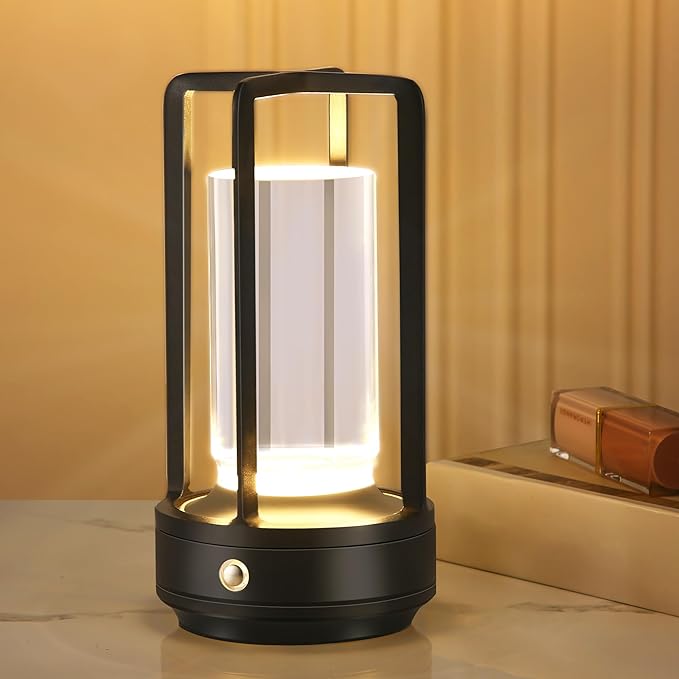 Portable Metal Table Lamp,Cordless Table Lamp, Rechargeable Battery Powered Portable LED Desk Lamp, 3 Color Stepless Dimming Touch, for Bedroom Restaurant Home Outdoor(Black) - LeafyLoom