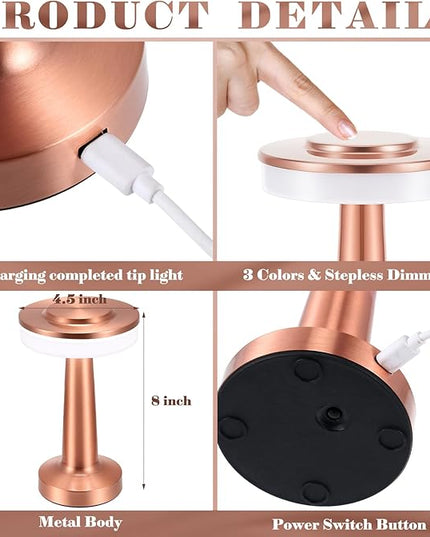 Set of 8 LED Portable Cordless Table Lamp with Touch Sensor 3 Color Stepless Dimming Rechargeable Battery up to 15 Hours Cordless Lamp Table Light Wireless Lamp for Kids Nursery (Rose Gold) - LeafyLoom