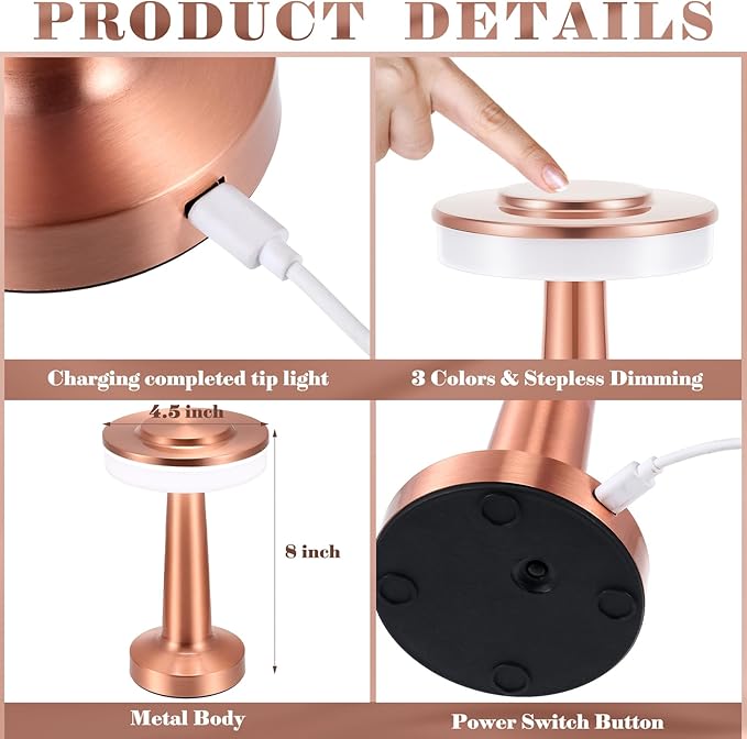 Set of 8 LED Portable Cordless Table Lamp with Touch Sensor 3 Color Stepless Dimming Rechargeable Battery up to 15 Hours Cordless Lamp Table Light Wireless Lamp for Kids Nursery (Rose Gold) - LeafyLoom