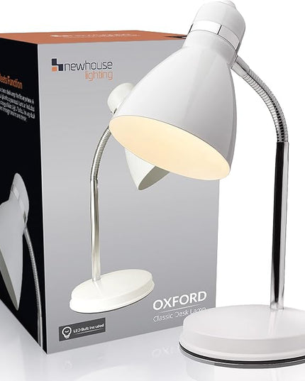 Newhouse Lighting Oxford White Metal Flexible LED Goose Neck Lamp for Desk or Table with 1 Free 6-Watt LED Bulb Included - LeafyLoom