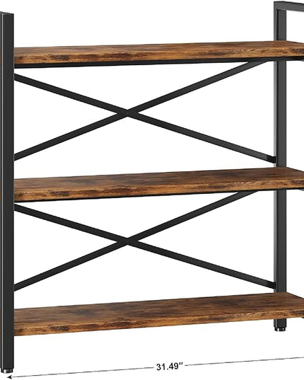 3 Tier Bookshelf 31.49" Width, Wood and Metal Etagere Bookcase, Vintage Farmhouse Modern Wooden Big Book Shelf for Home Living Room Bedroom Office Storage(Rustic Brown) - LeafyLoom