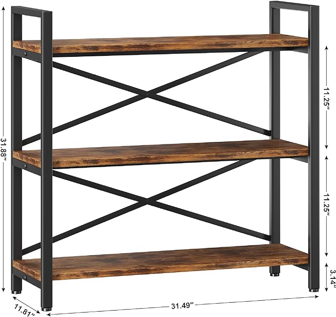 3 Tier Bookshelf 31.49" Width, Wood and Metal Etagere Bookcase, Vintage Farmhouse Modern Wooden Big Book Shelf for Home Living Room Bedroom Office Storage(Rustic Brown) - LeafyLoom