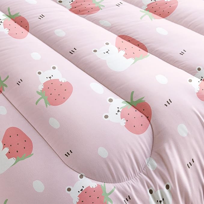 Cartoon Bear Comforter Full Size,Pink Strawberry Comforter Set for Kids Teens Girls,3Pcs Bedding Set Printed Comforter with 2 Pillowcases,Down Alternative,Soft and Lightweight，Full Size - LeafyLoom
