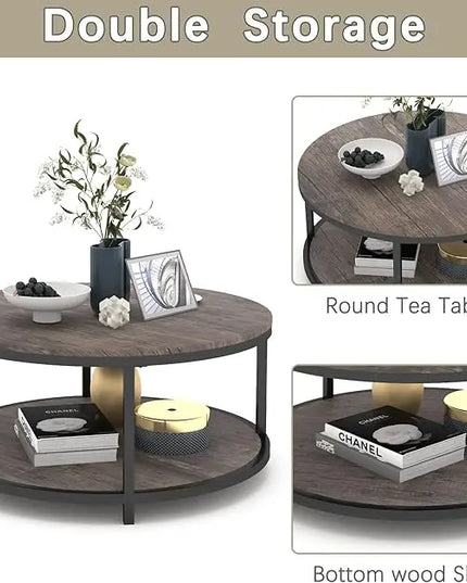 NSdirect Round Coffee Table,36" Coffee Table for Living Room,2-Tier Rustic Wood Desktop with Storage Shelf Modern Design Home Furniture(Light Walnut) - LeafyLoom