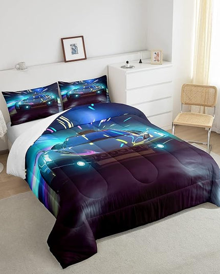 Boys Race Car Down Duvet, Cool Sports Car Comforter Set For Men Women, Extreme Sports Racer Bedding Set Full, Yellow Automobile Car Quilt Set, 1 Comforter Set With 2 Pillowcases, Lightweight, Blue - LeafyLoom