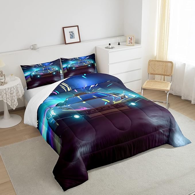 Boys Race Car Down Duvet, Cool Sports Car Comforter Set For Men Women, Extreme Sports Racer Bedding Set Full, Yellow Automobile Car Quilt Set, 1 Comforter Set With 2 Pillowcases, Lightweight, Blue - LeafyLoom