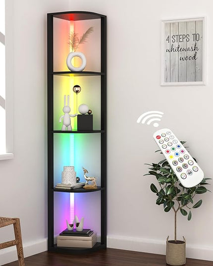 ROJASOP 5 Tiers Corner Shelf with Light Tall Display Shelf for Collectibles Control Multiple Color Lights via APP and Remote Control Floor Lamp with Shelf Supports Dimming for Living Room Bedroom Home - LeafyLoom