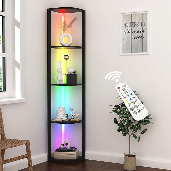 ROJASOP 5 Tiers Corner Shelf with Light Tall Display Shelf for Collectibles Control Multiple Color Lights via APP and Remote Control Floor Lamp with Shelf Supports Dimming for Living Room Bedroom Home - LeafyLoom