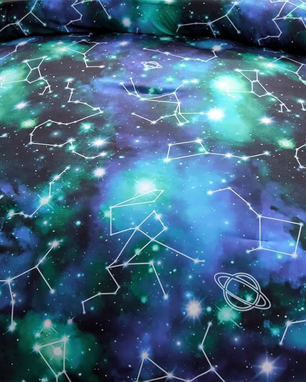 Holawakaka Tie Dye Constellation Print Ombre Comforter Set Twin Size Girls Boys Gradient Galaxy Bedding Set (Black Green,Twin) - LeafyLoom