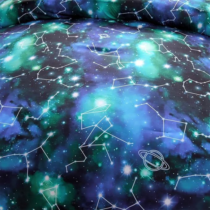 Holawakaka Tie Dye Constellation Print Ombre Comforter Set Twin Size Girls Boys Gradient Galaxy Bedding Set (Black Green,Twin) - LeafyLoom
