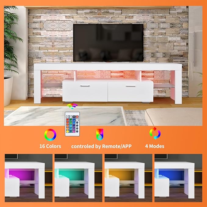 LED TV Stand for Televisions up to 65 inches, Entertainment Center and Media Console with Storage Drawers and Glass Shelves for Living Room, Bedroom - LeafyLoom