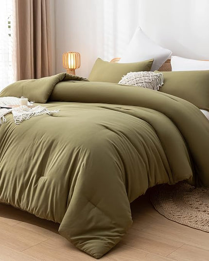 Olive Green Queen Comforter Set 3PCS Farmhouse Bed Comforter Set Queen Size Soft Lightweight Down Alternative Microfiber Comforter for All Season (1 Comforter, 2 Pillowcases) - LeafyLoom