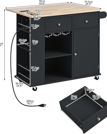 Kitchen Island with Power Outlet,Drop Leaf and Rubber Wood,Open Storage & Wine Rack,Storage Cart with 5 casters,w/Adjustable Storage for Home, Kitchen, and Dining Room, Black - LeafyLoom