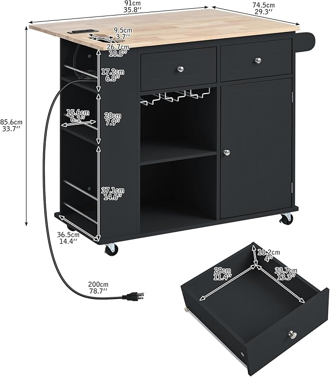 Kitchen Island with Power Outlet,Drop Leaf and Rubber Wood,Open Storage & Wine Rack,Storage Cart with 5 casters,w/Adjustable Storage for Home, Kitchen, and Dining Room, Black - LeafyLoom