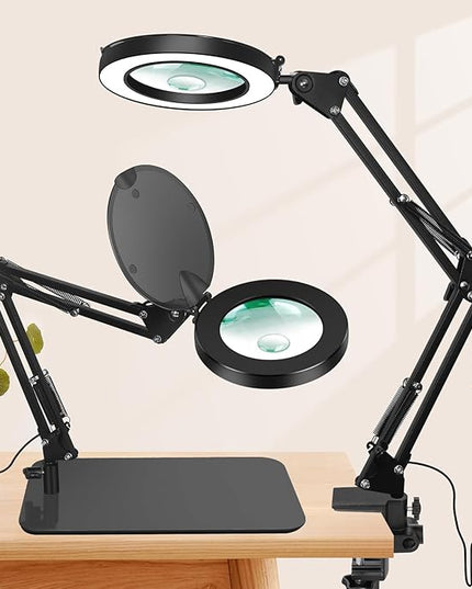 Magnifying Glass with Light and Stand, 5X&10X Lighted Magnifying Glass with Dust Cover, 3 Colors Stepless Dimming Magnifying Lamp with Night and 30Min Timer Mode for Reading Hobby Craft Close Work - LeafyLoom