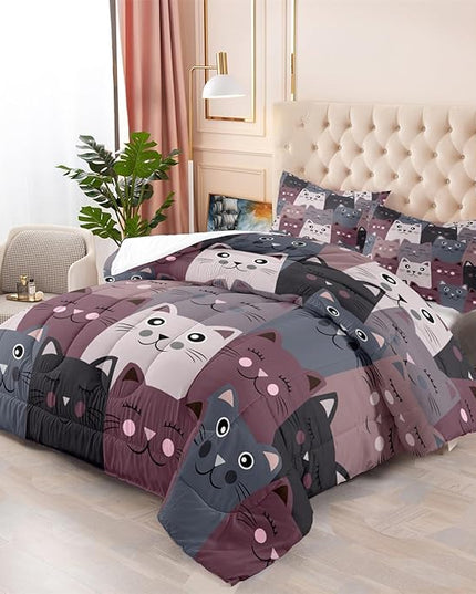 Cat Comforter Set Full Size - 3Pcs Grey Cat Bedding Set for Boys Girls Teens Cute Animals Themed Bedding Set Warm Ultra Soft Cartoon Cat Quilt Cover with 2 Pillowcases for Kids Room Decor - LeafyLoom