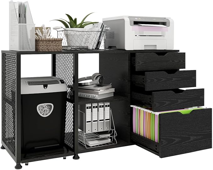 PUNCIA Office Lateral File Storage Cabinet with Paper Shredder Stand On Wheel Large Lateral Filing Cabinet with Drawers Filing Cabinet Organizer Printer Stand with Storage for Home Office - LeafyLoom