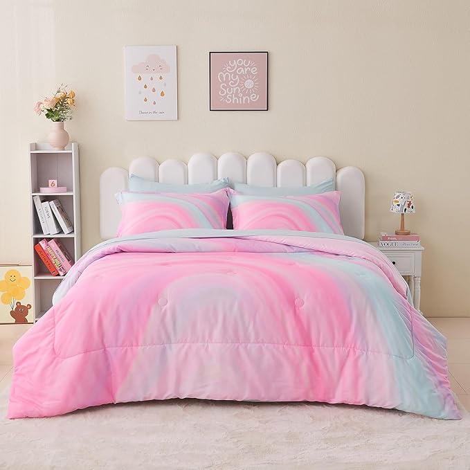 Wajade Girls Pink Comforter Set Bed in A Bag Queen Size 7 Piece 3D Colorful Tie Dye Pink Rainbow Bedding Set for Teens Girls (1 Comforter, 1 Flat Sheet, 1 Fitted Sheet, 2 Pillowcase and 2 Pillow Sham) - LeafyLoom