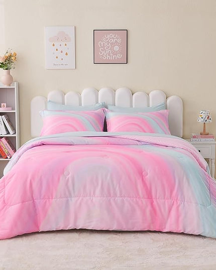 Wajade Girls Pink Comforter Set Bed in A Bag Full Size 7 Piece 3D Colorful Tie Dye Pink Rainbow Bedding Set for Teens Girls (1 Comforter, 1 Flat Sheet, 1 Fitted Sheet, 2 Pillowcase and 2 Pillow Sham) - LeafyLoom