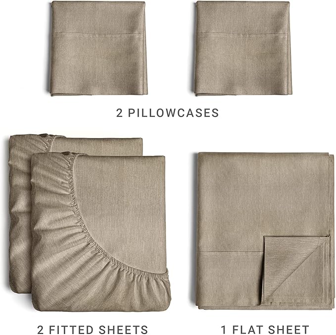 Split King Size 5 Piece Sheet Set - Comfy Breathable & Cooling Sheets - Hotel Luxury Bed Sheets for Women, Men, Kids & Teens - Deep Pockets, Soft & Wrinkle Free Sheets - Heathered Beige Bed Sheets - LeafyLoom