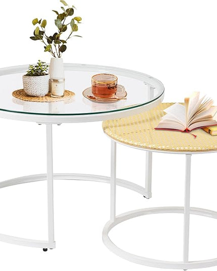 Round Coffee Table Rattan, Boho Coffee Table White, Nesting Coffee Table Set of 2, Circle Coffee Tables for Living Room, Metal Frame - LeafyLoom