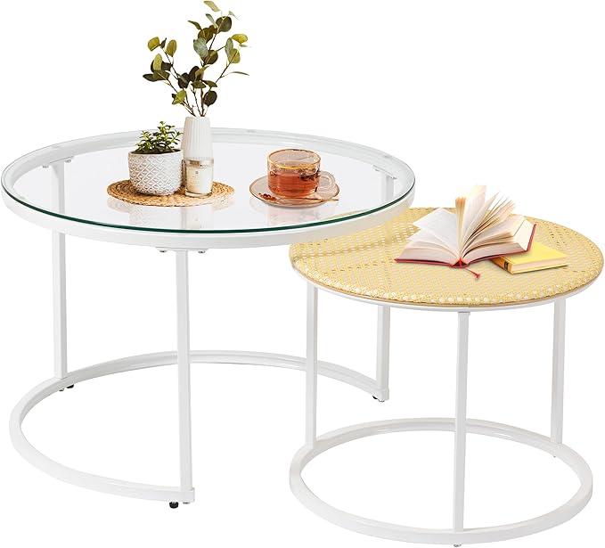 Round Coffee Table Rattan, Boho Coffee Table White, Nesting Coffee Table Set of 2, Circle Coffee Tables for Living Room, Metal Frame - LeafyLoom