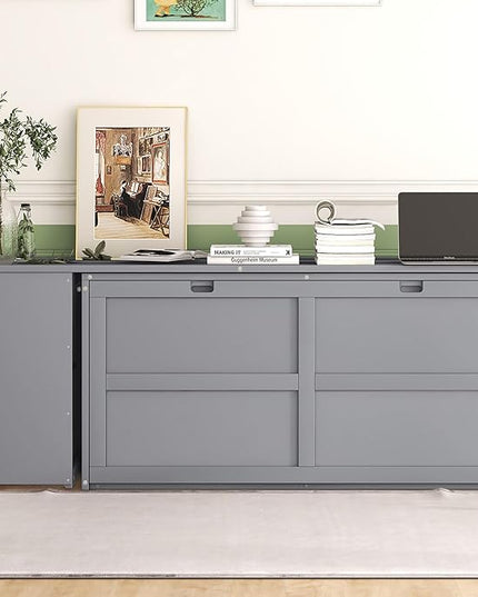 Wooden Queen Murphy Bed Frame with Rotable Desk and 2 Storage Shelves, Suitable for Small Bedrooms, Studio Apartments, and Multi-functional Rooms, Space Saving, Gray - LeafyLoom