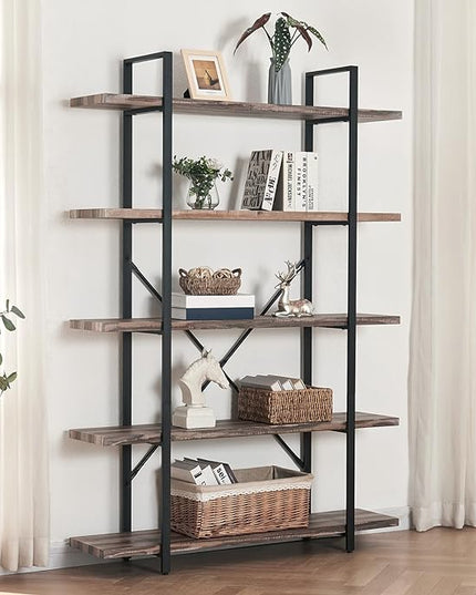 HOMISSUE Bookshelf,5-Tier Bookshelf Industrial Bookcase and Bookshelves,Rustic Storage Rack with Open Shelves for Living Room Bedroom and Kitchen,Retro Brown - LeafyLoom