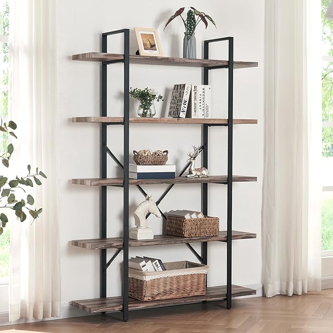 HOMISSUE Bookshelf,5-Tier Bookshelf Industrial Bookcase and Bookshelves,Rustic Storage Rack with Open Shelves for Living Room Bedroom and Kitchen,Retro Brown - LeafyLoom