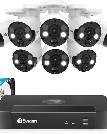 Swann Home Security Camera System with 2TB HDD, 8 Channel 8 Cam, POE Cat5e NVR 4K HD Video, Indoor or Outdoor Wired Surveillance CCTV, Color Night Vision, Heat Motion Detection, LED Lights, 886808FB SwannUSA