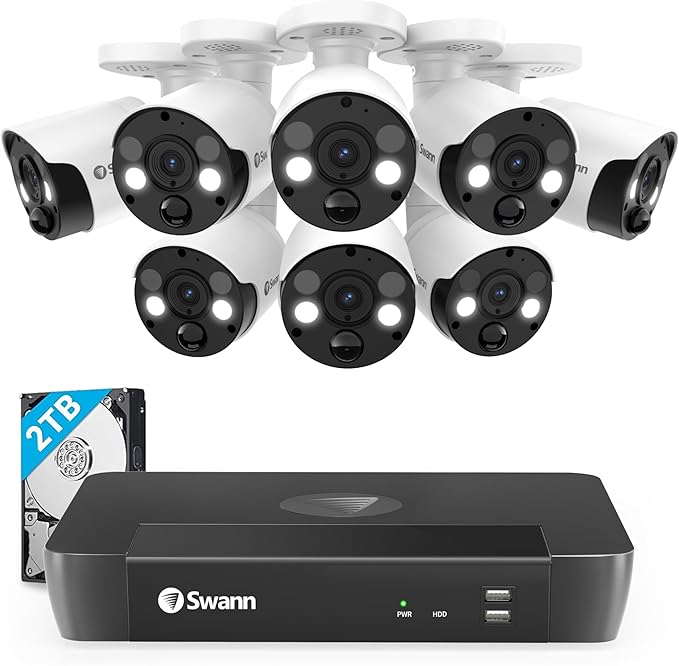 Swann Home Security Camera System with 2TB HDD, 8 Channel 8 Cam, POE Cat5e NVR 4K HD Video, Indoor or Outdoor Wired Surveillance CCTV, Color Night Vision, Heat Motion Detection, LED Lights, 886808FB SwannUSA
