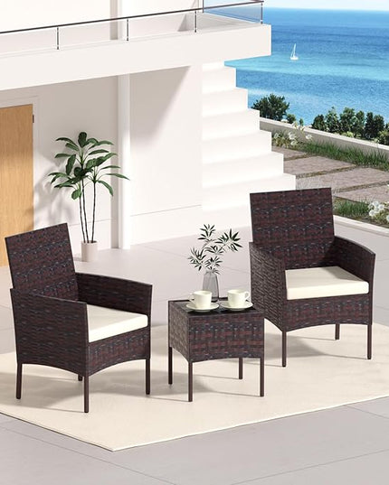 Patio Furniture Set 3 Pieces All-Weather Rattan Outdoor Furniture Patio Chairs with Tempered Glass Table for Porch Bistro Balcony Bistro Set(Brown/Beige-2) - LeafyLoom